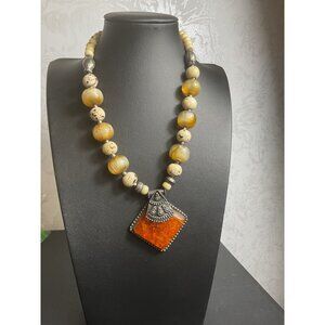 Bohemian Beaded Necklace With Orange Amber Pendant